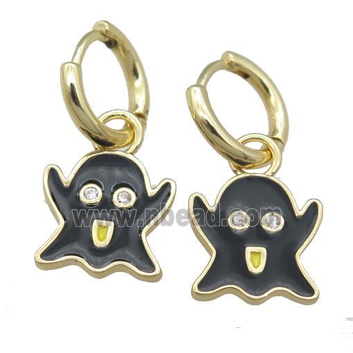 copper Hoop Earrings with black Enamel Halloween Ghost, gold plated