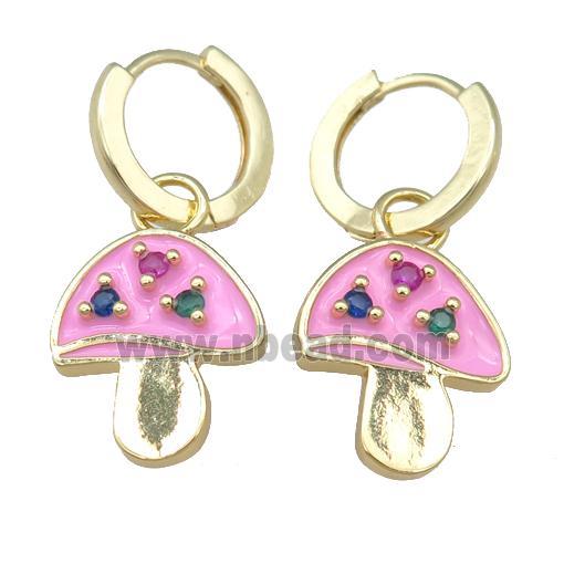 copper Hoop Earring with pink Enamel Mushroom, gold plated