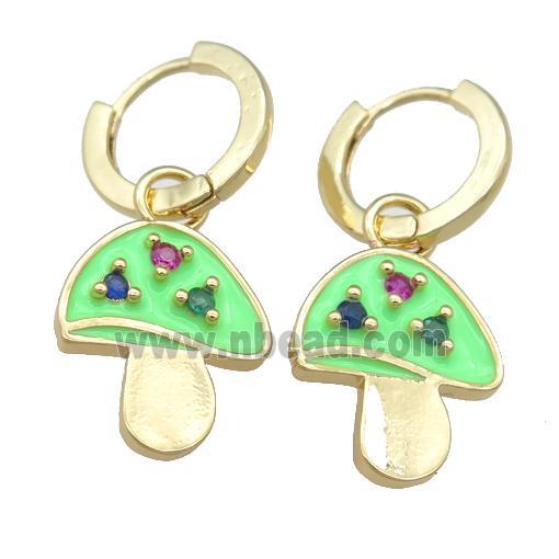 copper Hoop Earring with green Enamel Mushroom, gold plated