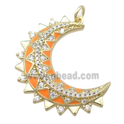 copper Crescent pendant pave zircon with orange enamel, gold plated