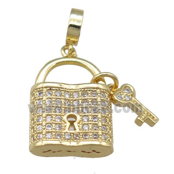 copper Lock Key pendant pave zircon, gold plated