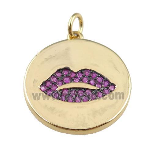 copper circle pendant pave zircon, lip, gold plated