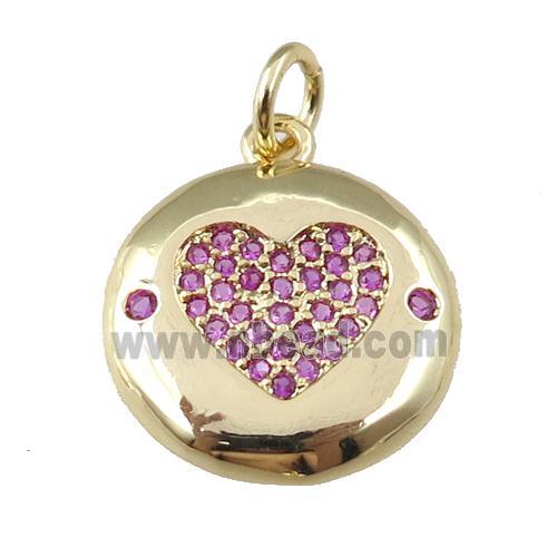 copper circle pendant pave zircon, hotpink heart, gold plated