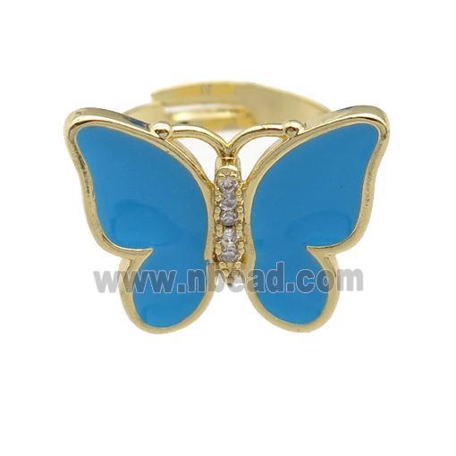 copper butterfly Rings with blue enamel, adjustable, gold plated