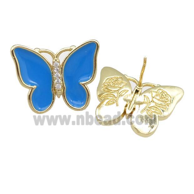 copper butterfly Stud Earring with blue enamel, gold plated