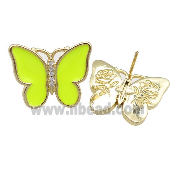 copper butterfly Stud Earring with nenoyellow enamel, gold plated