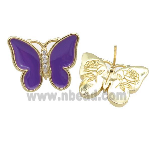 copper butterfly Stud Earring with purple enamel, gold plated