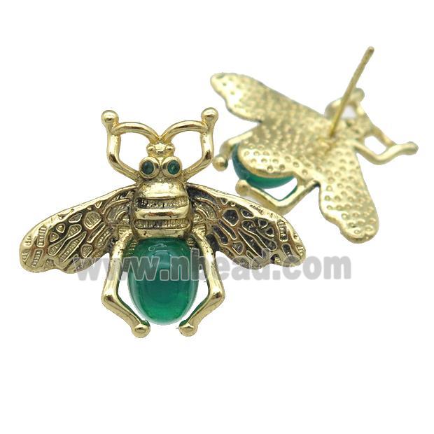 copper honeybee Stud Earring with green cats eye stone, antique gold