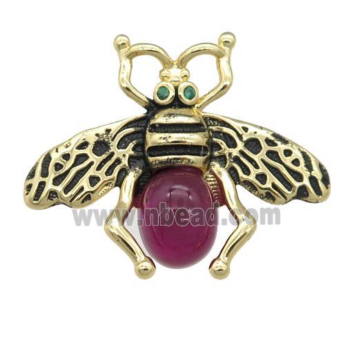 copper honeybee Connector with red cats eye stone, antique gold