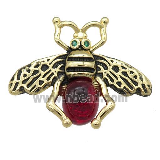 copper honeybee Connector with red cats eye stone, antique gold