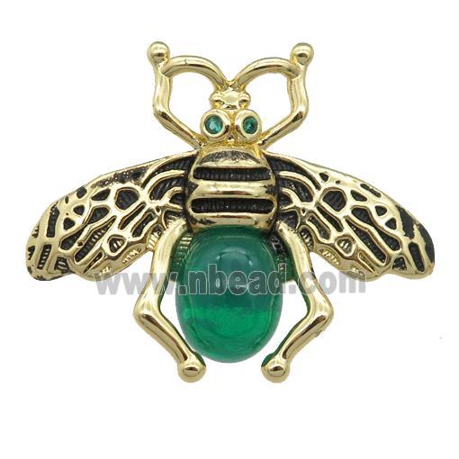 copper honeybee Connector with green cats eye stone, antique gold