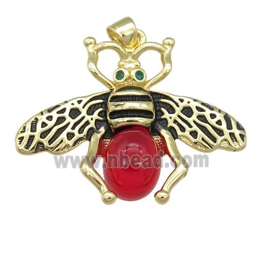 copper honeybee Pendant with red cats eye stone, antique gold