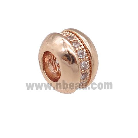 copper rondelle beads pave zircon, large hole, rose gold