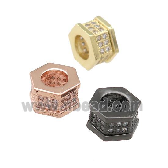 copper hexagon beads pave zircon, large hole, mixed