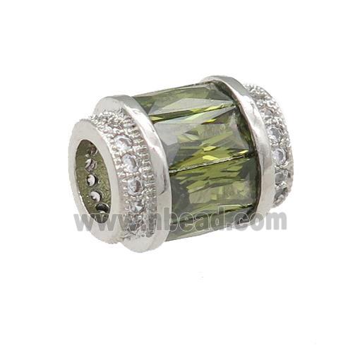 copper tube beads pave green zircon, large hole, platinum plated