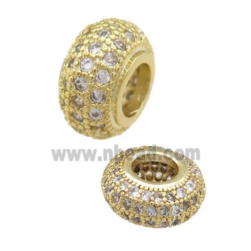 copper rondelle beads pave zircon, large hole, gold plated