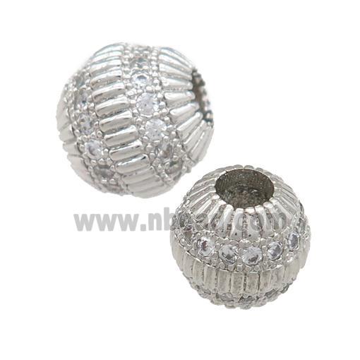 copper barrel beads pave zircon, large hole, platinum plated