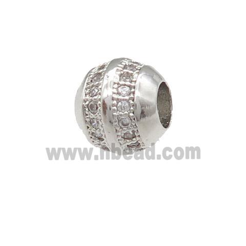 copper barrel beads pave zircon, large hole, platinum plated