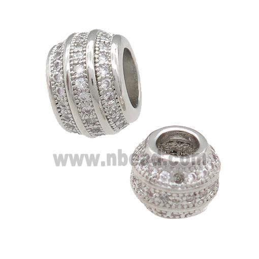 copper barrel beads pave zircon, large hole, platinum plated