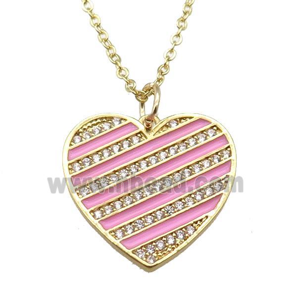 copper Necklace with pink enamel heart, gold plated