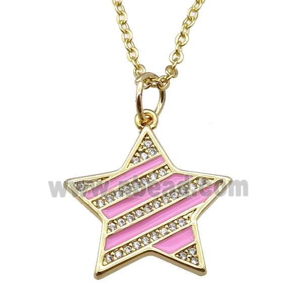 copper Necklace with pink enamel star, gold plated