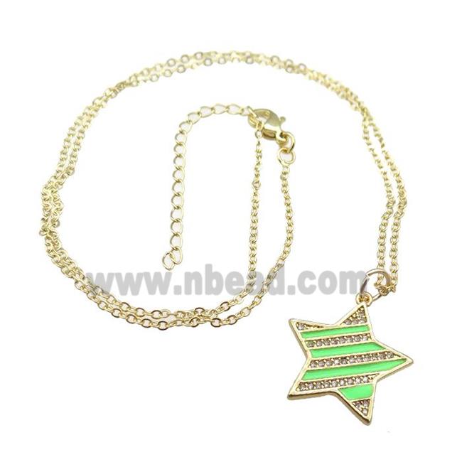 copper Necklace with green enamel star, gold plated