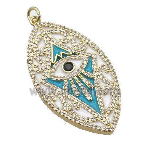 copper Leaf pendant paved zircon, enamel evil eye, gold plated