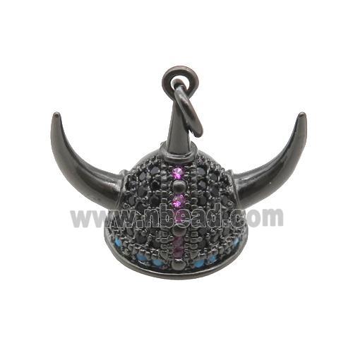 copper Viking Helmet pendant paved zircon, Hat Gothic Norse, black plated