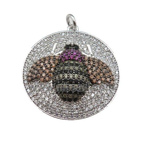 copper Honeybee pendant paved zircon, platinum plated