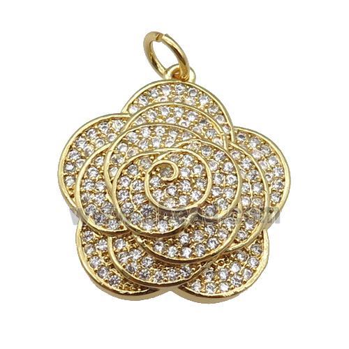 copper Flower pendant paved zircon, gold plated