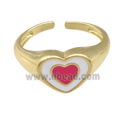 copper Ring with red enamel heart, gold plated