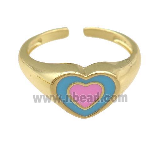 copper Ring with pink enamel heart, gold plated