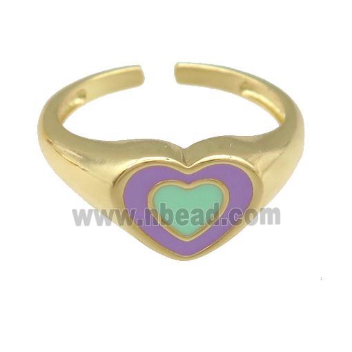 copper Ring with green enamel heart, gold plated