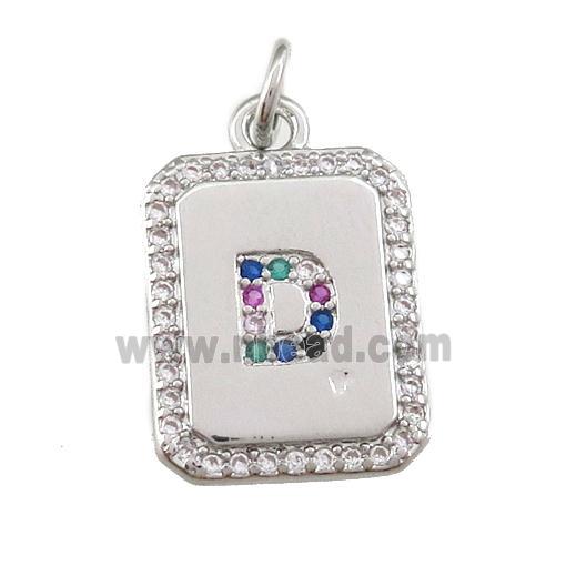 copper Letter-D pendant paved zircon, rectangle, platinum plated