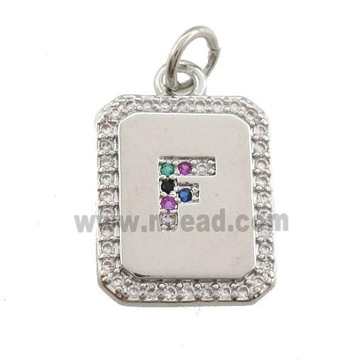 copper Letter-F pendant paved zircon, rectangle, platinum plated