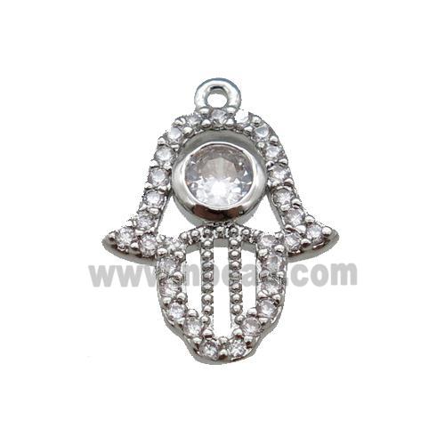 copper hamsahand pendant paved zircon, platinum plated