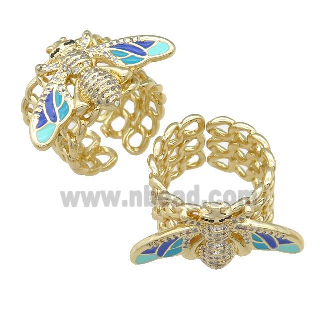 copper Ring paved zircon with enamel honeybee, gold plated