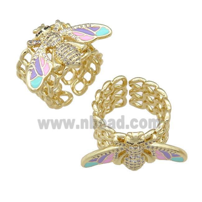 copper Ring paved zircon with enamel honeybee, gold plated