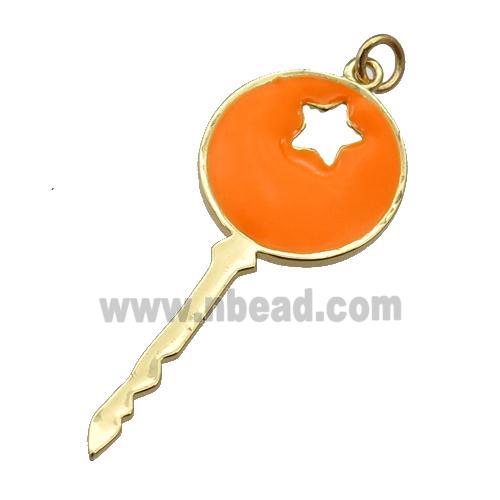 copper Key pendant with orange enamel, gold plated