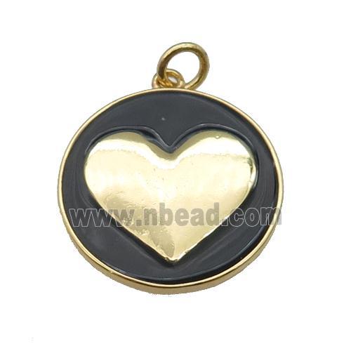 copper Circle pendant with black enamel, heart, gold plated