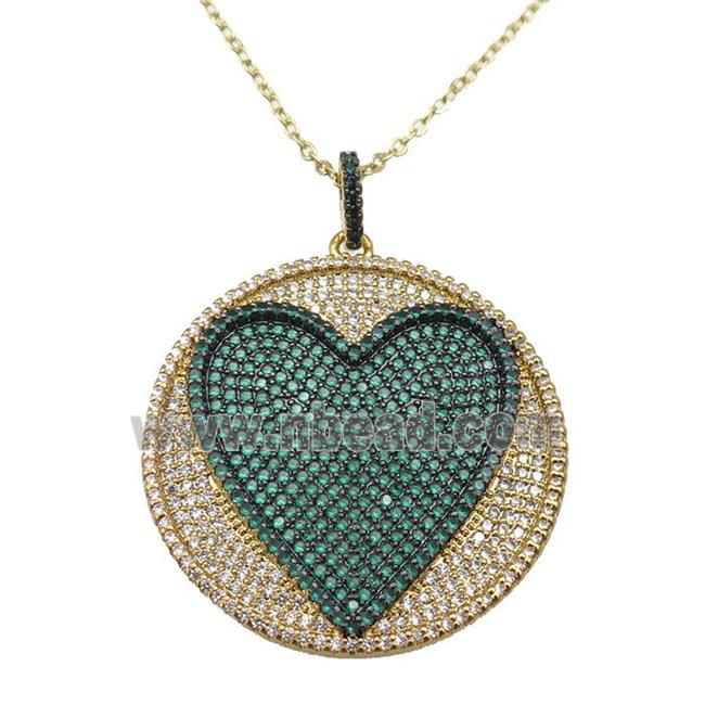 copper Necklace withe heart paved green zircon, gold plated