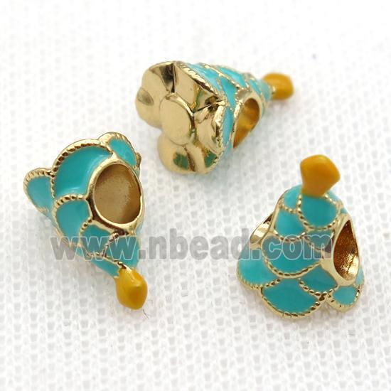 copper Christmas Tree beads with teal enamel, large hole, gold plated