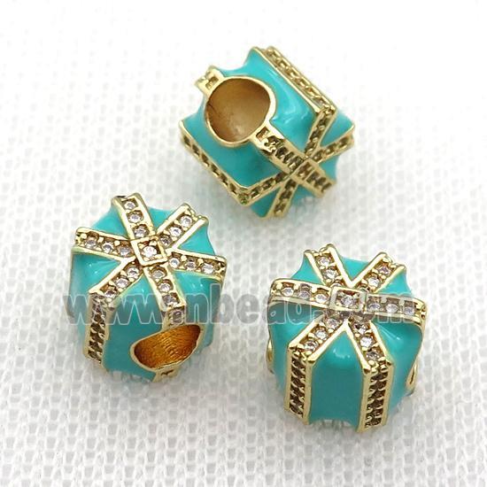 copper Christmas Candy Gift Box beads with teal enamel, large hole, gold plated