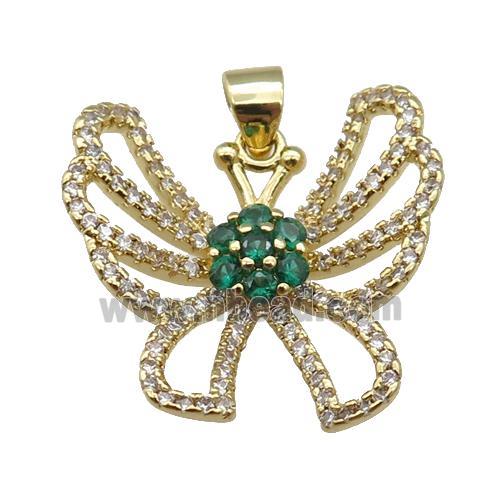 copper Butterfly pendant paved zircon, green, gold plated