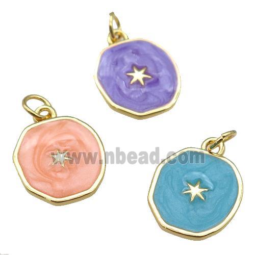 copper circle pendant with enamel, star, gold plated, mixed