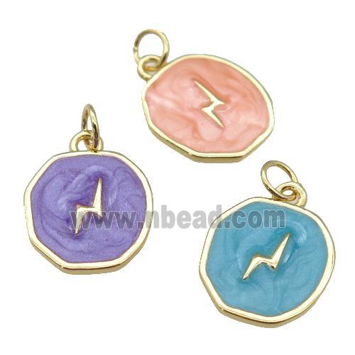 copper circle pendant with enamel, lightning, gold plated, mixed