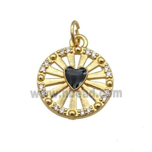 copper circle pendant paved zircon with black enamel heart, gold plated