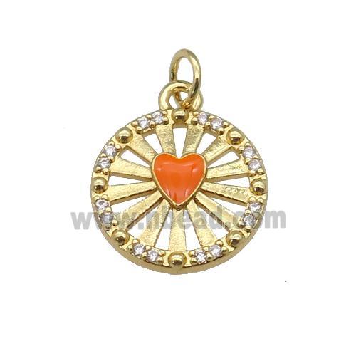 copper circle pendant paved zircon with orange enamel heart, gold plated