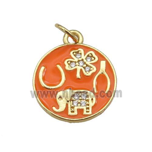 copper circle pendant paved zircon with orange enamel, elephant, clover, gold plated
