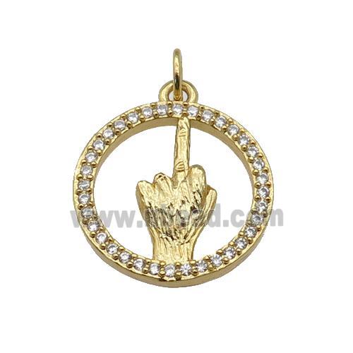 copper circle pendant paved zircon, hand gesture, gold plated